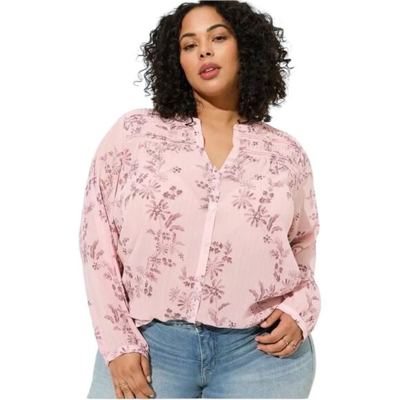 Torrid Crinkle Chiffon Pintuck Long Sleeve Pink Floral Blouse - Size 5X - Picture 1 of 13